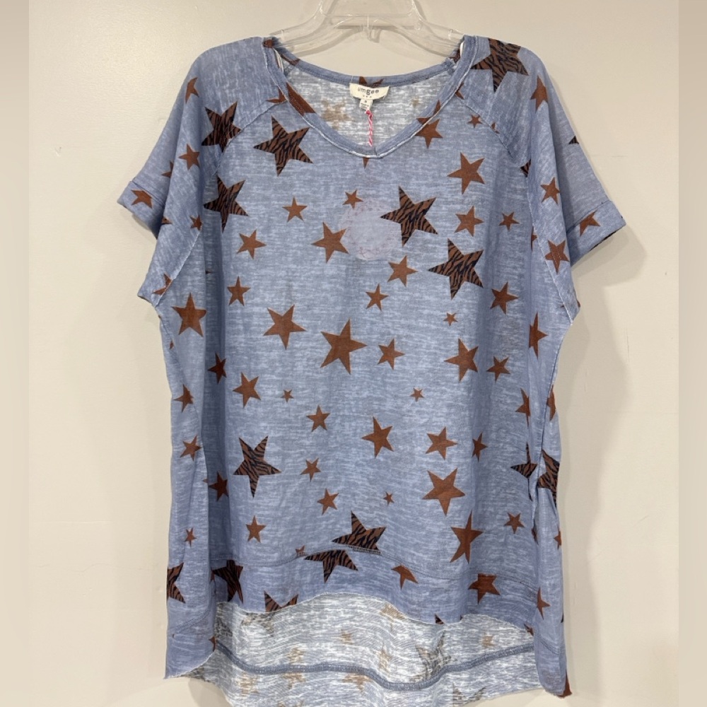 NWT Umgee Light Blue Star Patterned Short Sleeve Top Medium